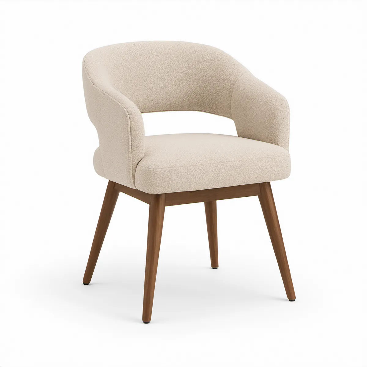 Beige boucléstol med armlæn og brune ben i gummitræ, 58 x 61 x 80 cm