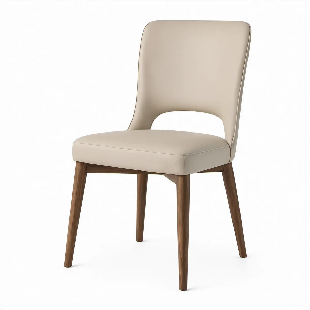 Beige polstret spisebordsstol i PU-kunstlæder med ben i valnøddetræ, 48 x 57 x 85 cm